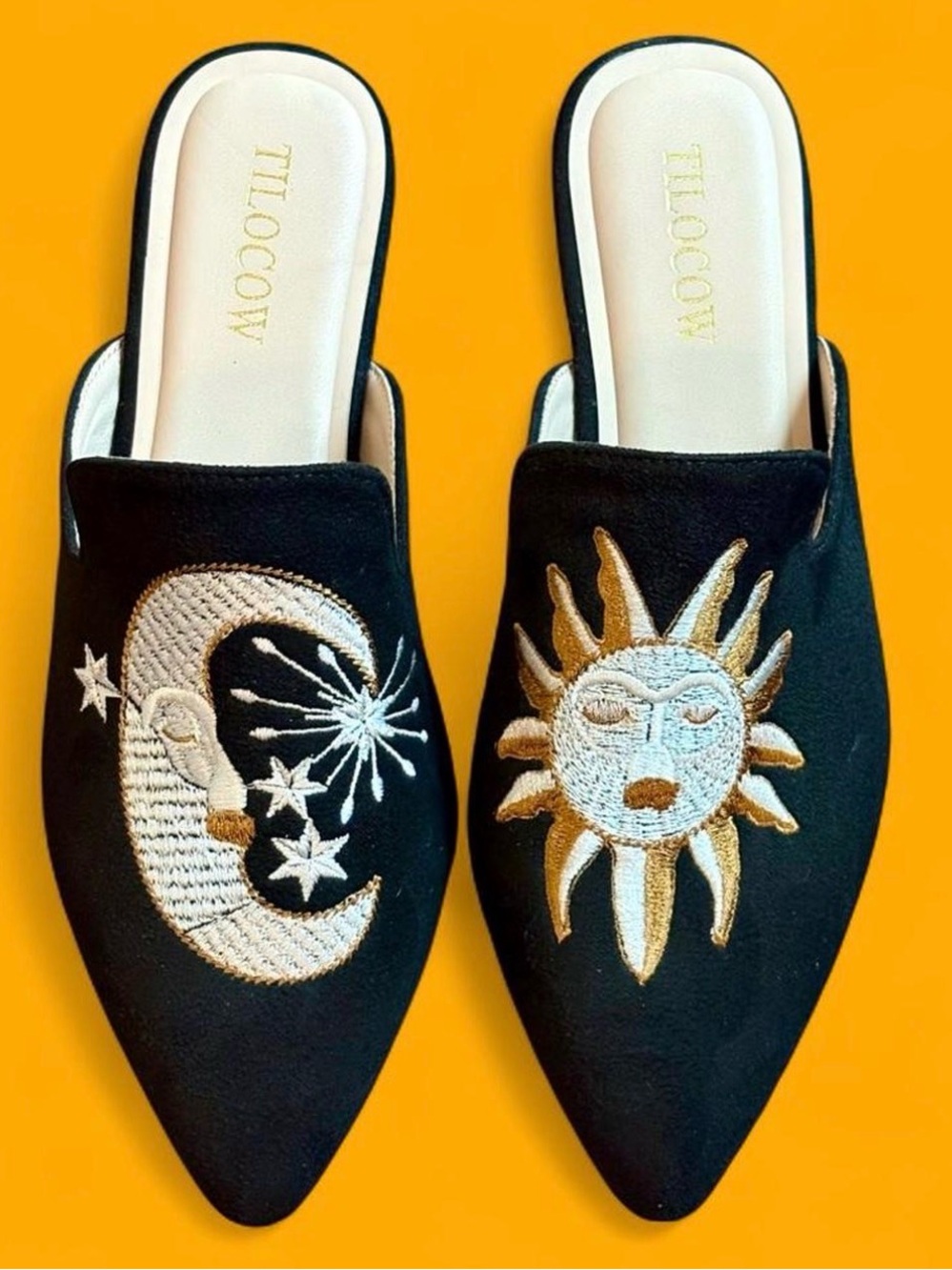 Black Sun & Moon Embroidered Slip-On Mules